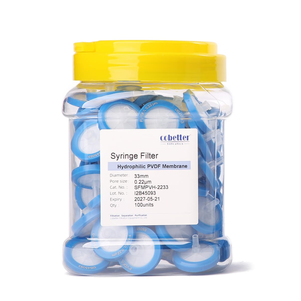 COBETTER Pack de 1000 filtros de jeringa PVDF 0.22 μm 33 mm hidrofílicos azul no estériles SFMPVH-2233-1000