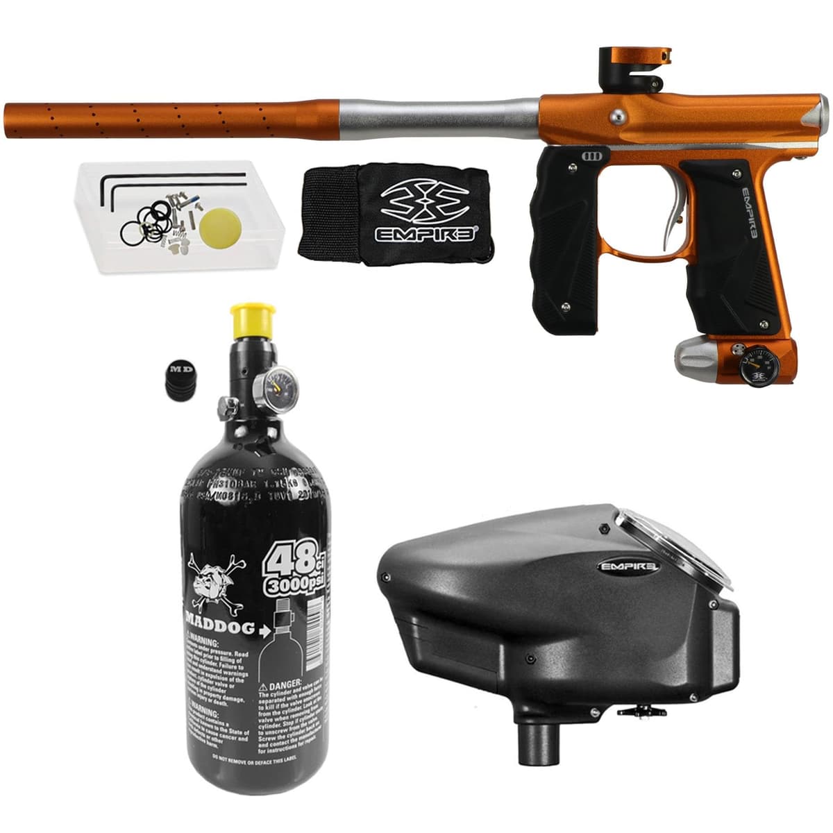 Maddog Empire Mini GS - Paquete starter marcador electrónico .68 cal con cargador Halo Too y tanque HPA 48/3000 (Dust Tangerine/White) 2067-17357