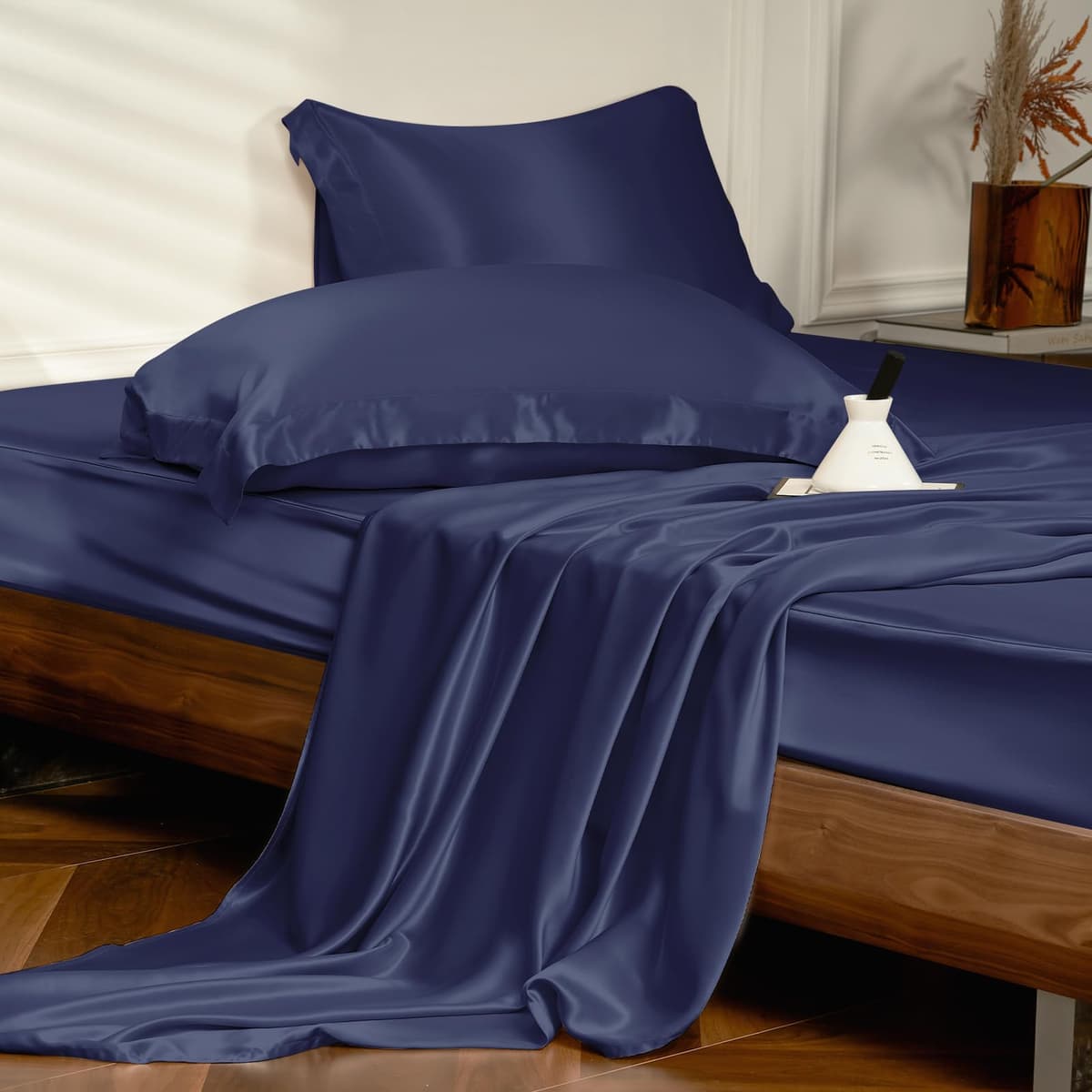 THXSILK Juego de sábanas de seda 4 piezas 25 Momme Mulberry (Navy Blue, Full)