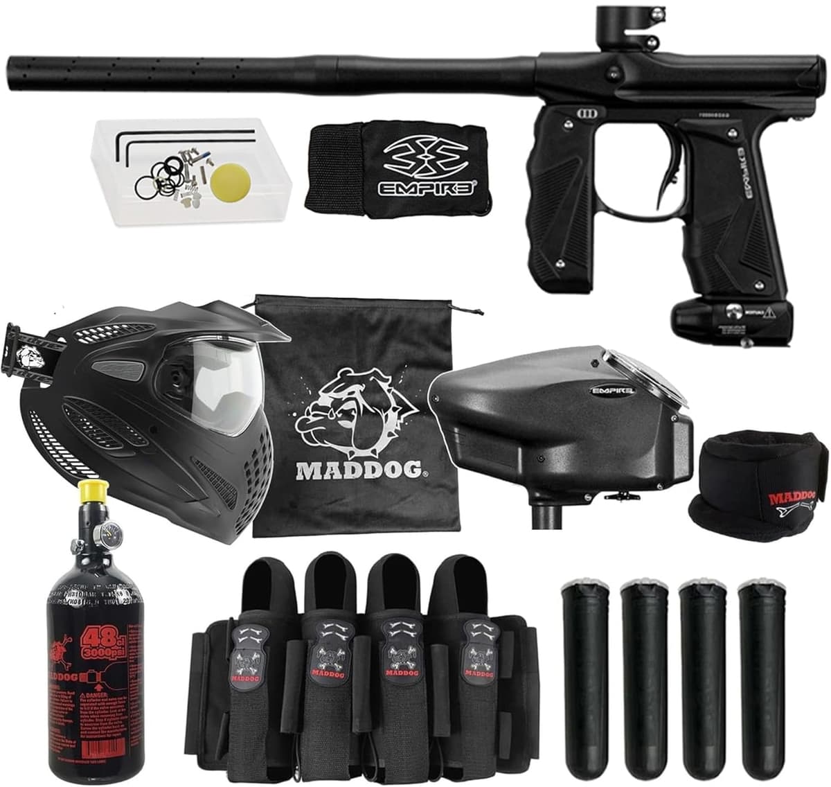 Maddog Empire Mini GS Paquete Tournament Elite B Paintball - Dust Black, Barril 2 piezas