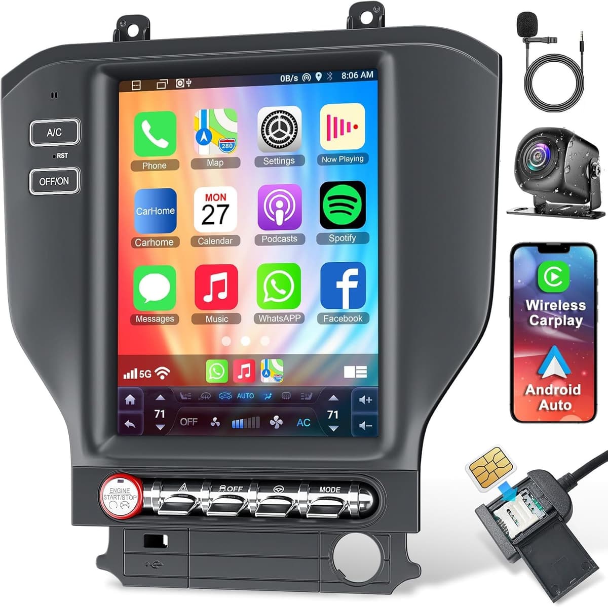 Inexaccessories Radio para Auto Android 13 4+64, 8 núcleos, para Ford Mustang 2015-2023, Pantalla táctil IPS de 10.4 pulgadas con CarPlay/Android Auto inalámbricos, GPS, WiFi, Bluetooth, FM, compatible con OBD2/DSP/DVR