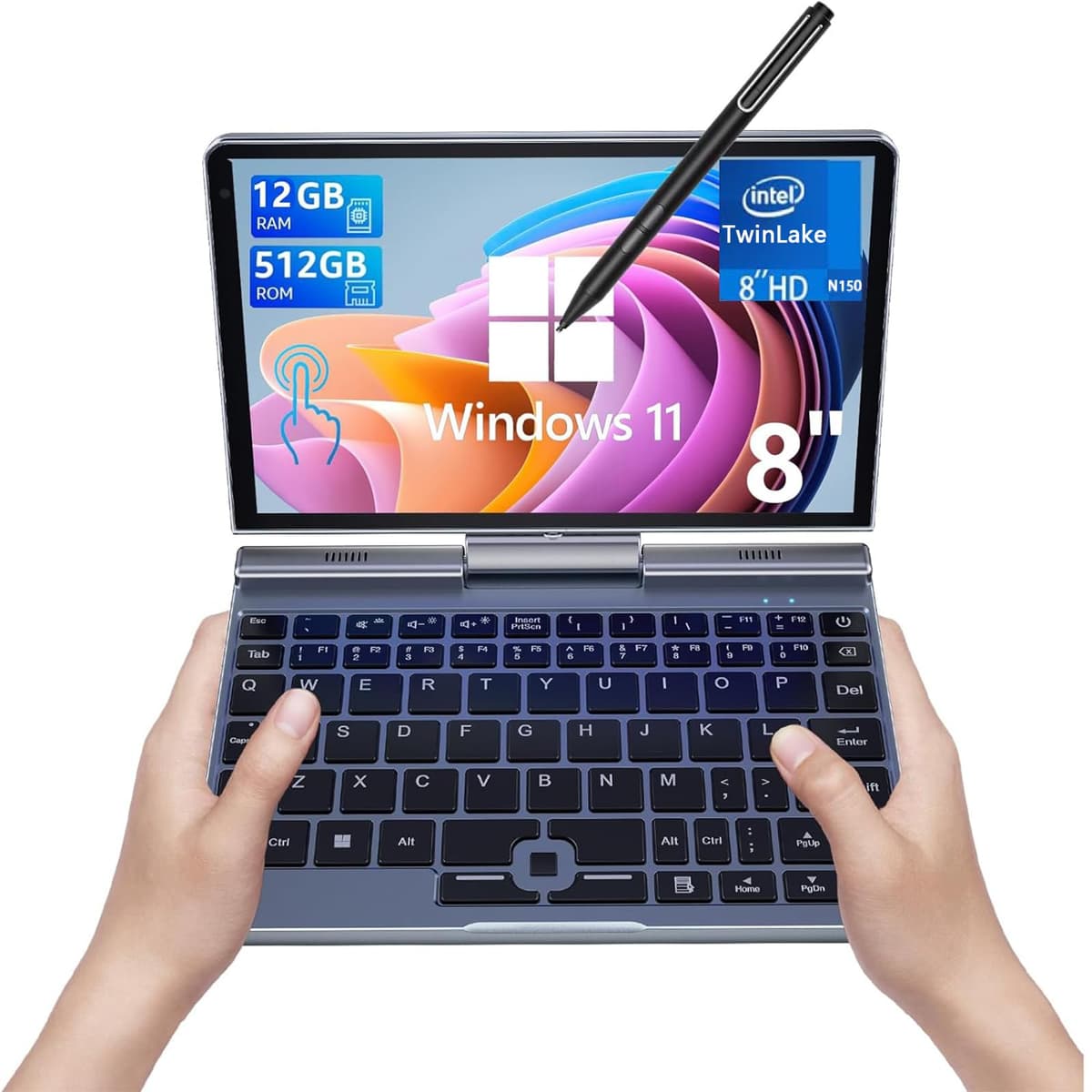 KOOSMILE Mini Laptop, Laptop Pequeña Win11 Pro Pantalla Táctil HD de 8 pulgadas 2 en 1 PC de Bolsillo 12GB LPDDR5 RAM, 512GB/1TB SSD Wi-Fi 6, BT 5.2, HDMI, Cámara 2MP Convertible (P8N150-12GB+512GB) KP8