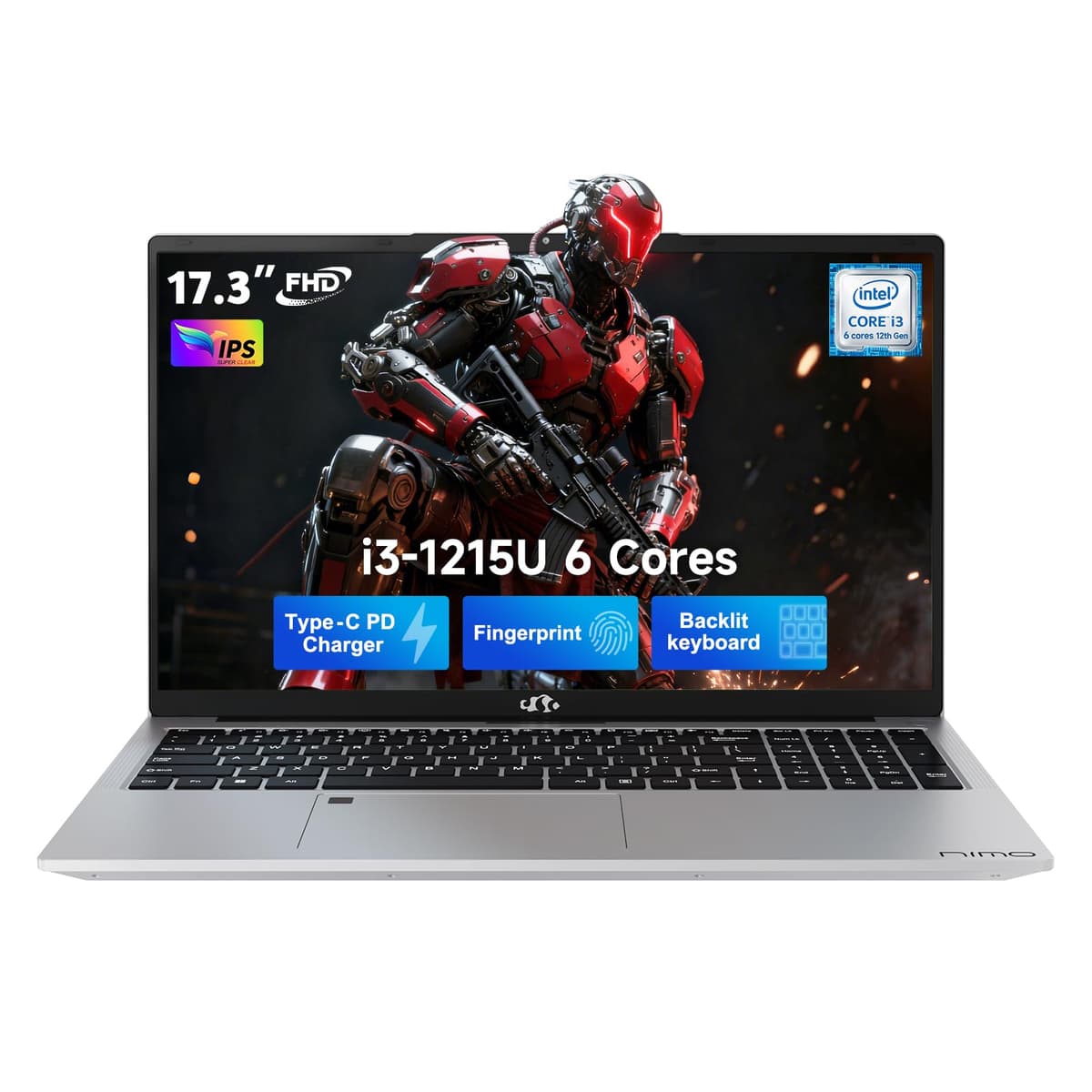 NIMO 17.3" IPS FHD - Laptop con Intel 6 Núcleos i3-1215U, 32 GB RAM, 2 TB SSD (Beat R5 7520U, hasta 4.4 GHz) Computadora para Estudiantes con Carga 65W Tipo C, Teclado Retroiluminado, Lector de Huellas, Wi-Fi 6, para Hogar y Negocios NIMO N171