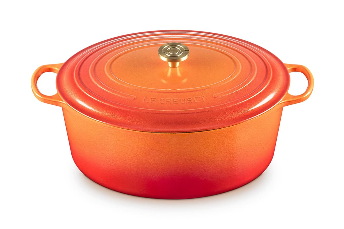 Olla Holandesa Ovalada de Hierro Fundido Esmaltado Le Creuset, 15.5 qt., Flamme Dorée con Perilla Crucible 21178040183471