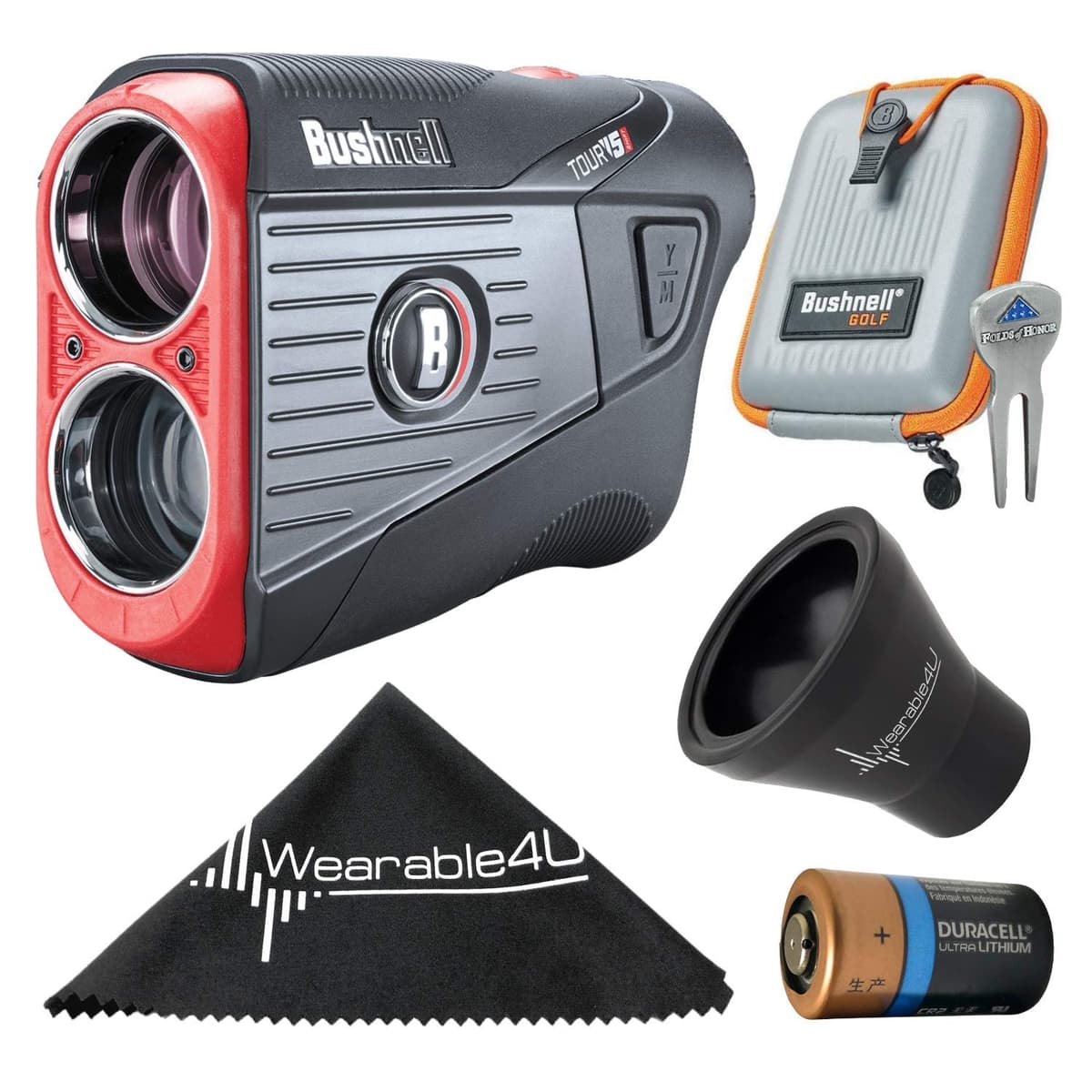 Wearable4U - Bushnell Tour V5 Shift Patriot Pack Laser Golf Rangefinder con funda, paño para lentes y herramienta para pelota 201911P