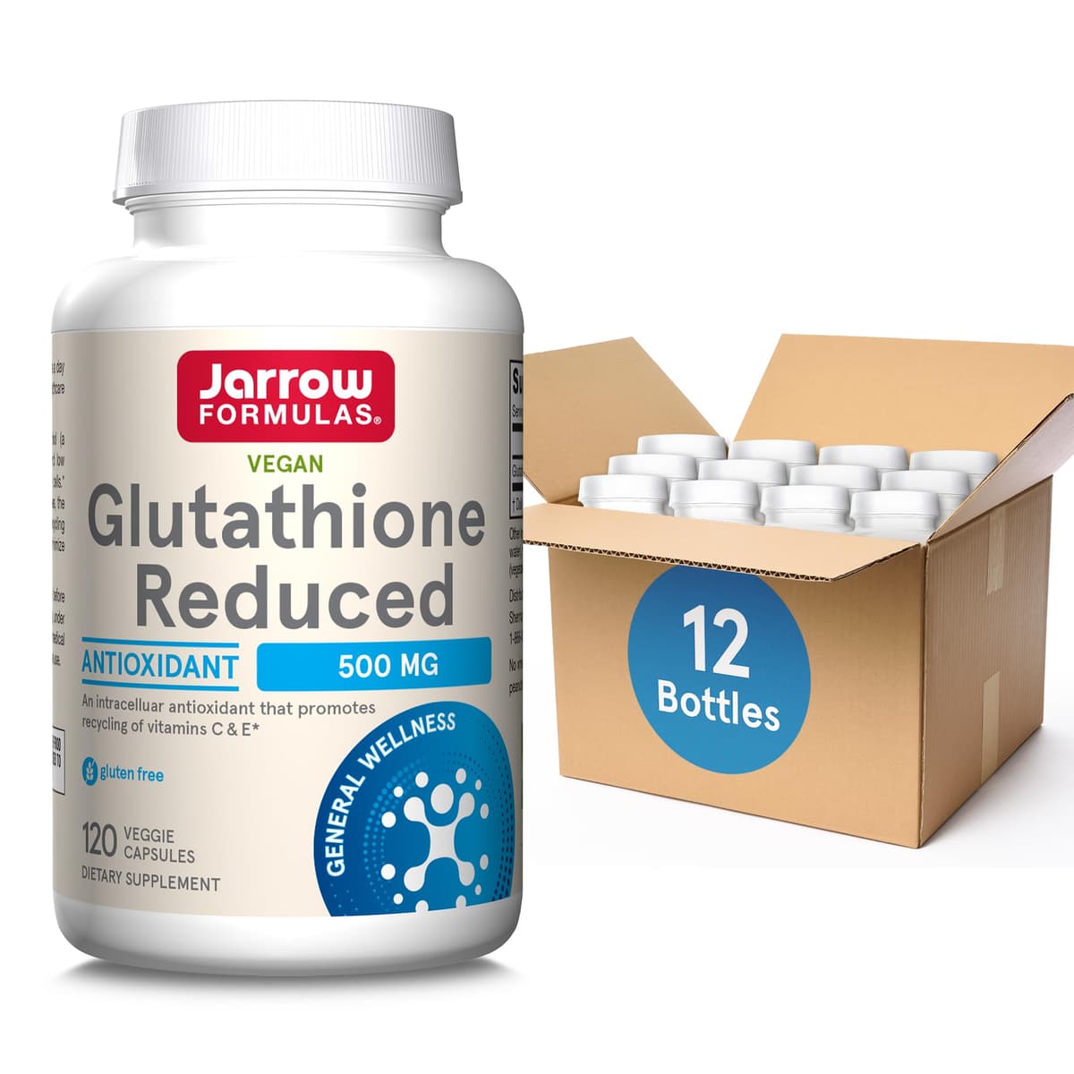 Jarrow Formulas Glutathione Reduced 500 mg - 120 Veggie Capsules, Pack of 12