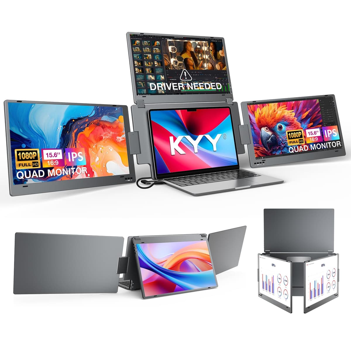 KYY Laptop Screen Extender 15.6'' Quad Portable Monitor, USB-C, Auto Rotación, Cuerpo de Aleación X90G