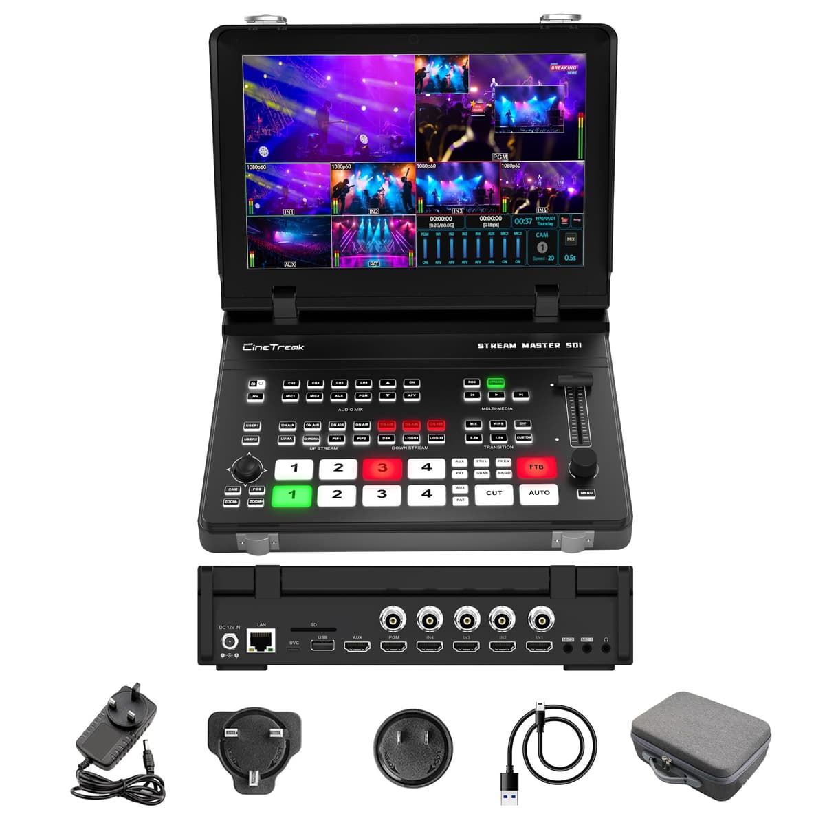 CINETREAK Stream Master SDI Video Switcher 10" con 4 SDI/HDMI, pantalla táctil y streaming dual RTMP 4HDMI & 4SDI