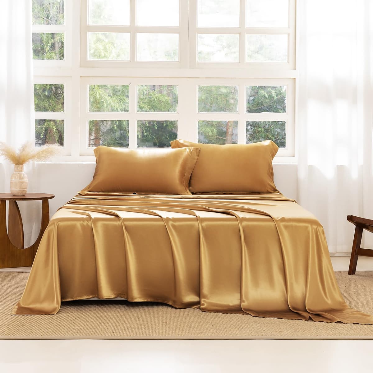 THXSILK Juego de sábanas de seda 4 piezas King 22 Momme (Metallic Gold)