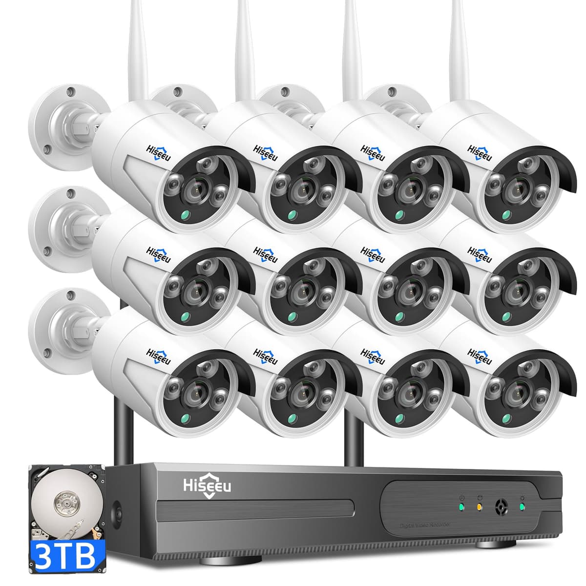 Sistema de cámaras de seguridad WiFi Hiseeu Wireless Pro, kit NVR 4K de 16 canales, 12 cámaras CCTV de 5MP con alimentación por enchufe para interior/exterior, visión nocturna, resistente al agua, detección de movimiento, HDD de 3TB WK-12HB615-CT