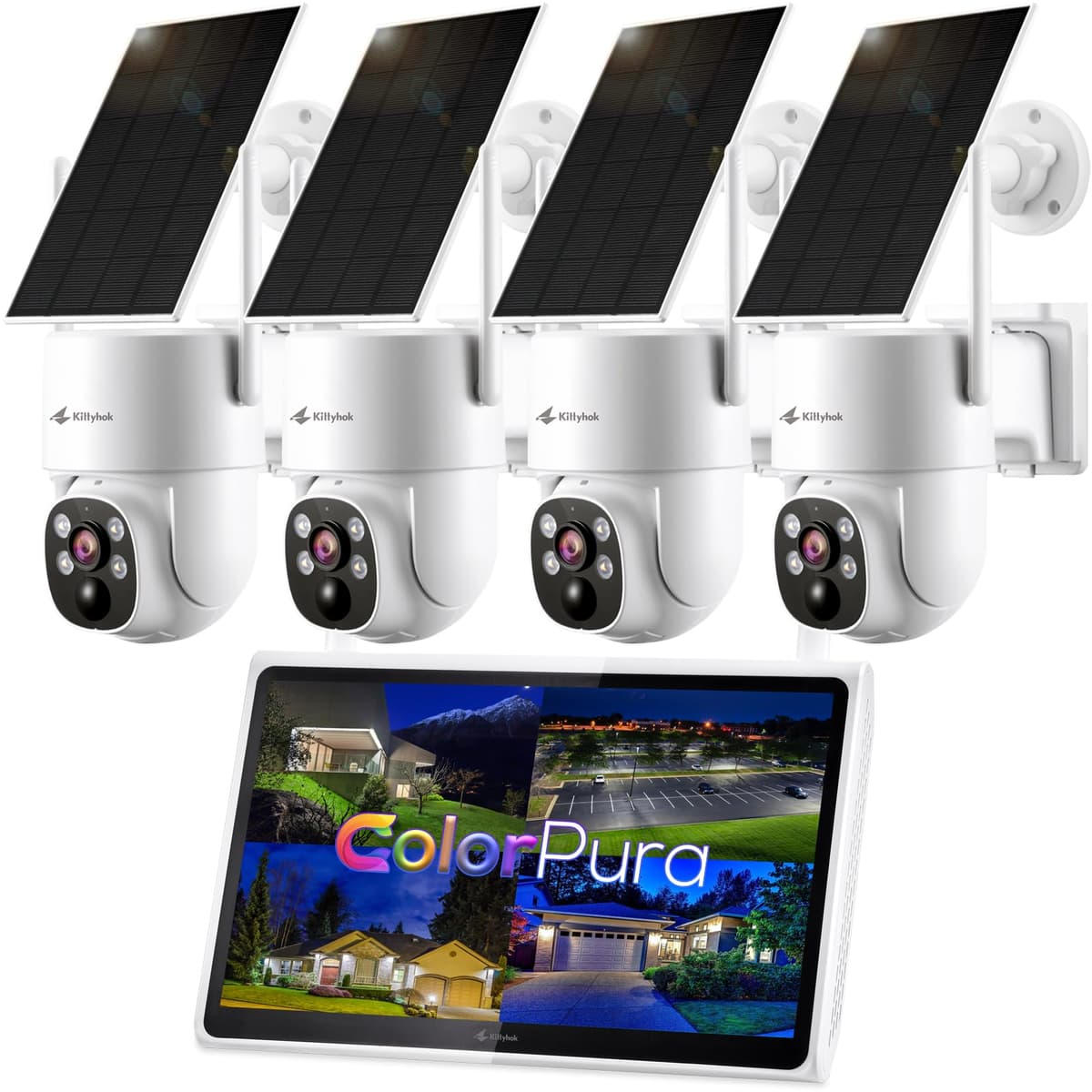 Kittyhok Sistema de Cámaras de Seguridad Solar para Exterior Inalámbrico | 4 cámaras PTZ solares 2K, Visión Nocturna a Color Pro, Detección de Personas, Visión de 360° | NVR de 10 canales con monitor HD de 10'', Almacenamiento Local de 60 Días KSBL40T4