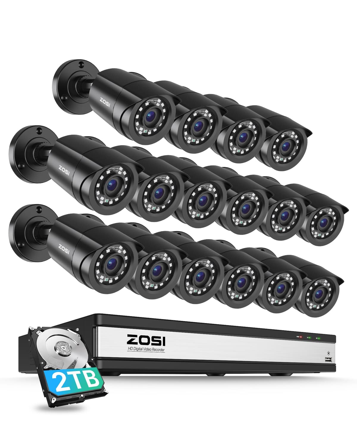 Sistema de cámaras de seguridad ZOSI 3K Lite 16 canales para interior y exterior, detección AI de personas/vehículos, 16 cámaras tipo bullet de 2MP, visión nocturna, DVR 16 canales H.265+ 1080p con HDD de 2TB para grabación 24/7 LK-16FKA-106B16S-20-US-A1