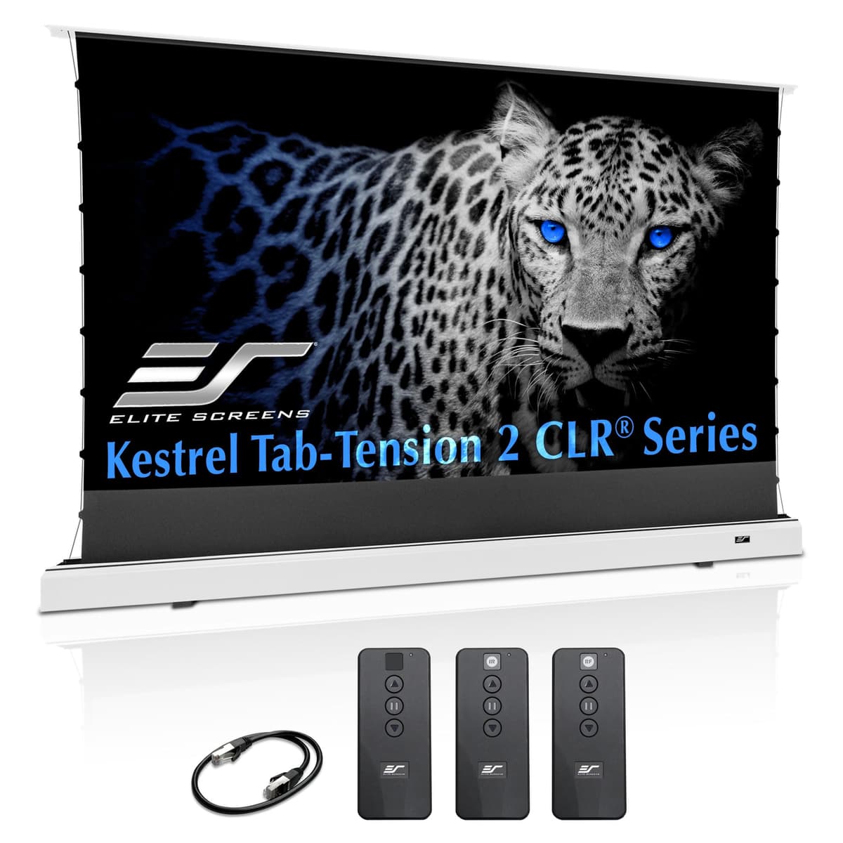 Elite Screens Kestrel Tab-Tension CLR 101" 16:9 Motorized UST Floor-Rising (Case Blanco) CLR | 101"/ White