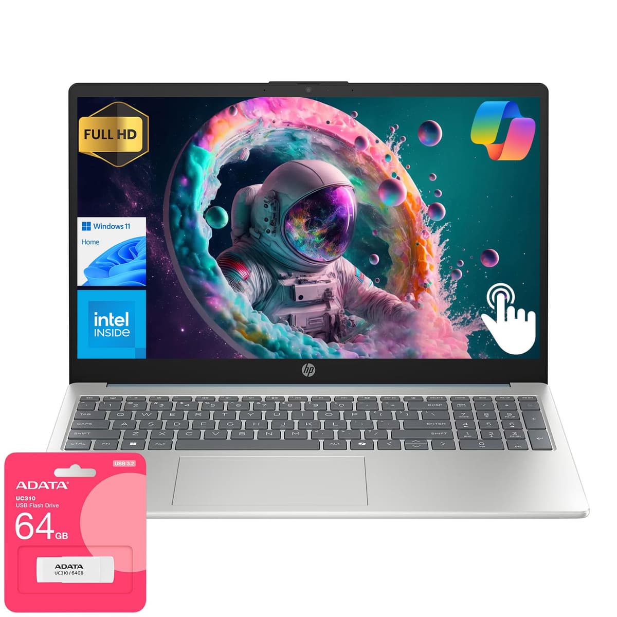 HP Essential 15 Portátil | Pantalla táctil FHD de 15.6" | Intel Core i3-N305 | 16GB RAM | 512GB SSD | HDMI | Teclado numérico | Cámara web | Wi-Fi 6 | Windows 11 Home | Azul | Paquete con USB flash UC310 64GB 15-fd0130wm
