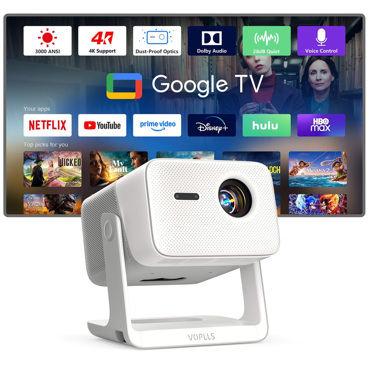 VOPLLS G7 - Proyector 4K con Google TV, 3000 ANSI, Wi-Fi 6 y Dolby Audio