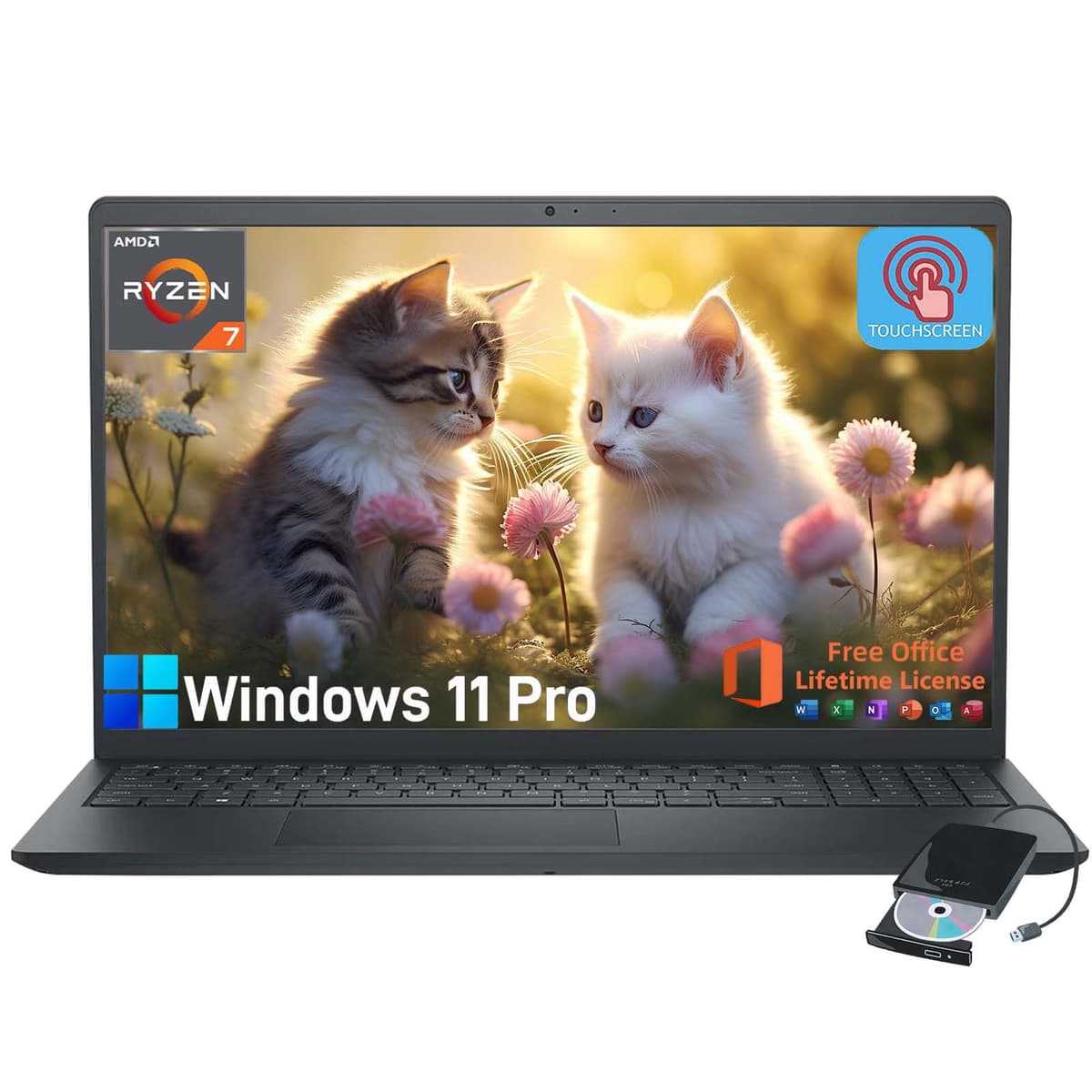 Dell Inspiron 15.6" Notebook con Pantalla Táctil - Computadora portátil para negocios y estudiantes, con Office de por vida y Windows 11 Pro, AMD Ryzen 7 7730U, unidad DVD externa, pantalla WVA LED FHD antirreflejo, 32GB RAM, 1TB SSD Dell Inspiron 15 3535 Touchscreen Laptop
