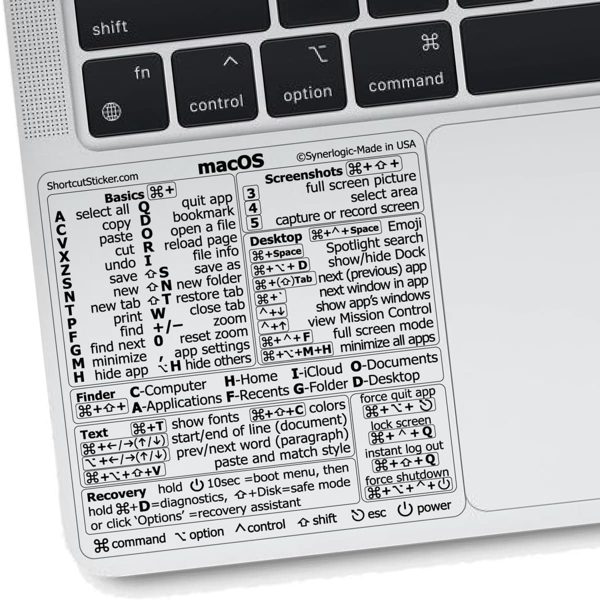 Synerlogic (1000 un.) Pegatinas de Atajos de macOS para Teclado | Pegatinas de Vinilo Laminado para MacBook | Hoja de Trucos de Atajos MacBook 2025 (Transparente/Negro/1000 pz) SCS-M-CLEAR-M1