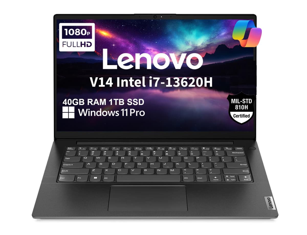 ist computers Lenovo V14 Gen 4 Laptop Empresarial (14" FHD Antirreflejo, Intel i7-13620H de 10 núcleos, 40GB RAM, 1TB SSD), Cámara con obturador de privacidad, Ethernet, Wi-Fi 6, HDMI, Bluetooth, Win 11 Pro con Copilot, Negro