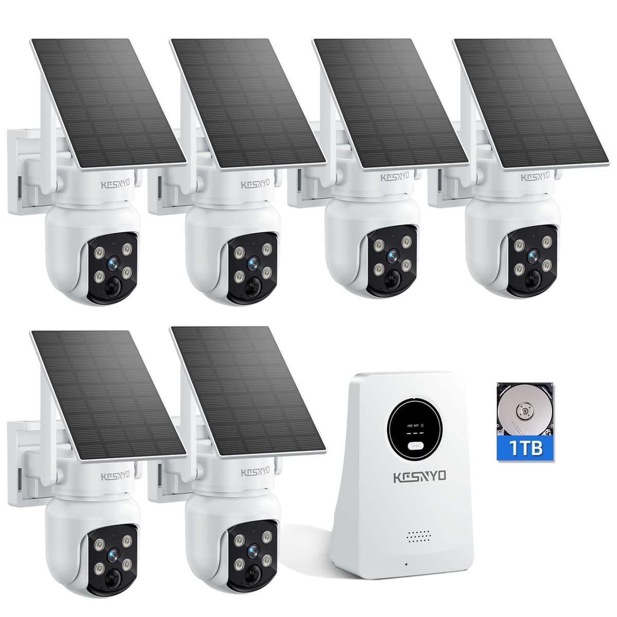 KCSNYO Cámaras de Seguridad Solares Inalámbricas para Exterior, 4MP Alimentadas por Energía Solar, Kit de 6 Cámaras, Visión Nocturna en Color, PTZ 360°, Grabación Local en HDD de 1TB, Sin Cuotas Mensuales KCSNYO SP1 KITS