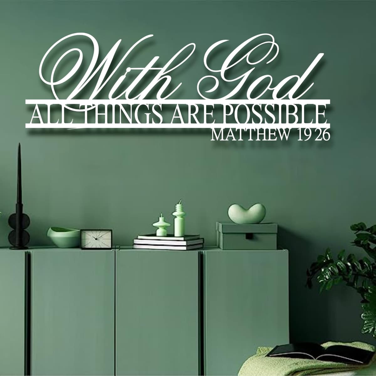 lunwall With God All Things Are Possible Metal Wall Art - Matthew 19:26 (69"W x 25"H, Blanco) WITHGOD001