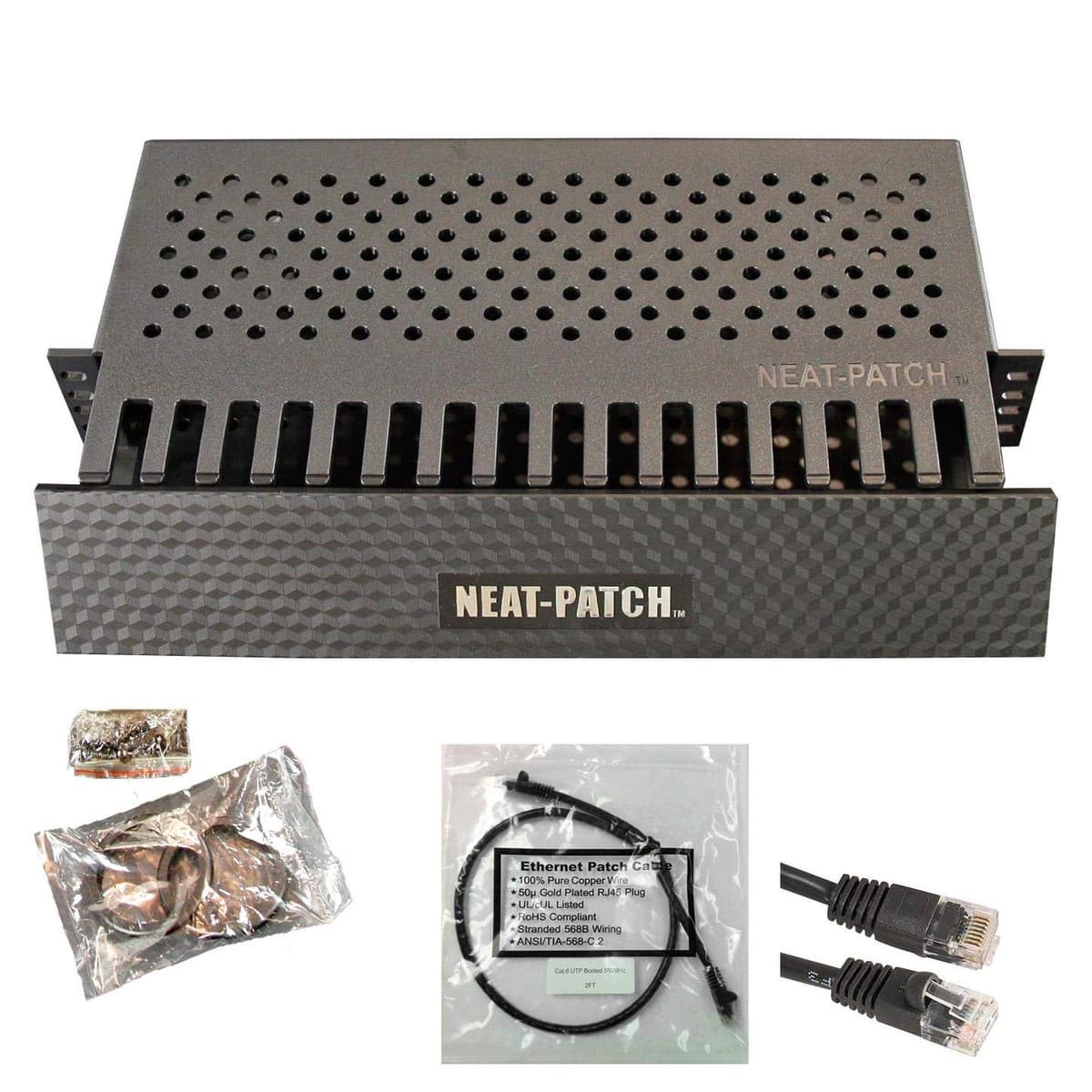 Kit de Gestión de Cables Neat Patch 2U - Paquete de 5 con 240 Cables Patch CAT6 (2 FT Negro) NP2-5PK-240CAT6-BK