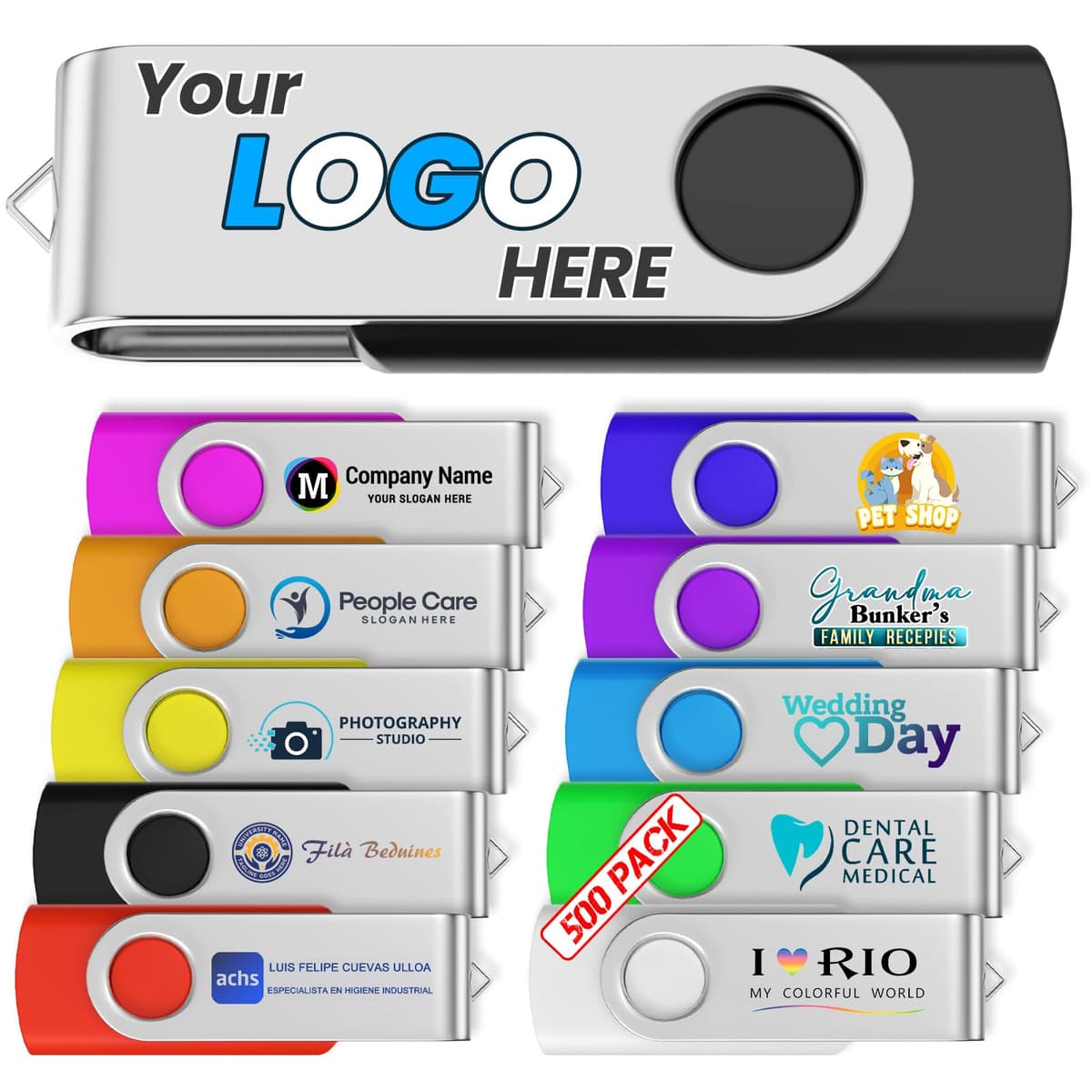 LRDWLN 128MB 500Pcs USB 2.0 Personalizado con Llaveros Metálicos - Impresión Doble Cara (Bulk)