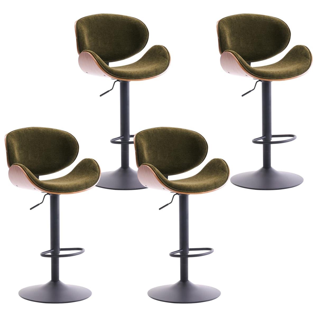 Kidol y Shellder Verde Taburetes Altos Grandes Con Respaldo Juego de 4 21" de Ancho Modernos Giratorios Altura Ajustable Sillas de Bar Tapizadas en Chenilla Asientos de Madera Curvada para Cocina Isla Barra 150 kg