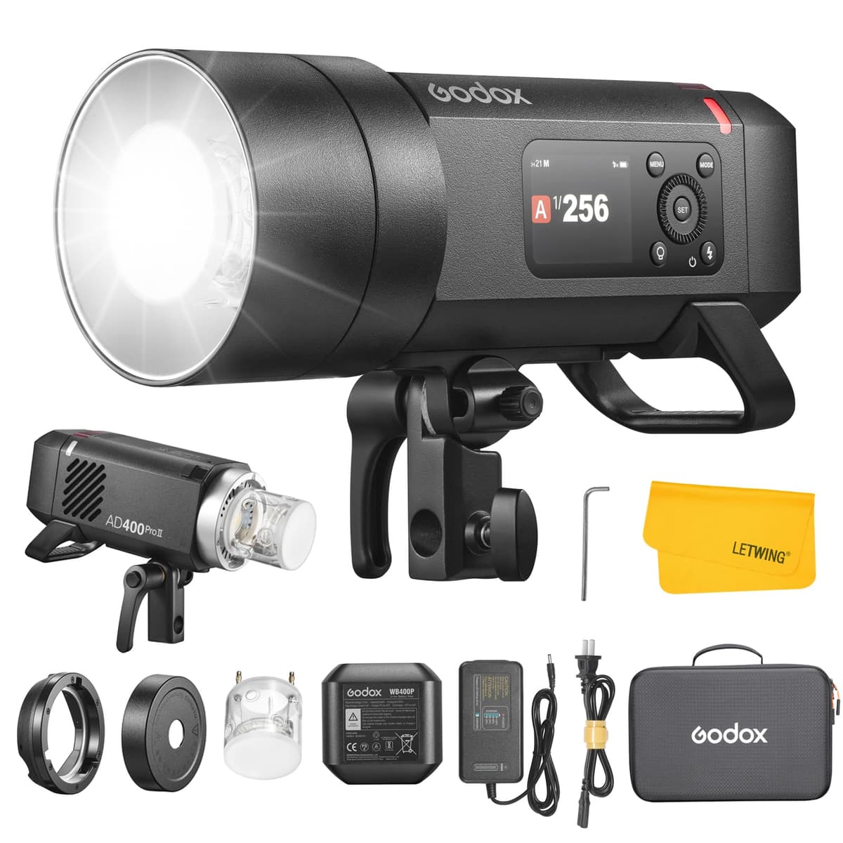 GODOX AD400 Pro II AD400Pro II Destello de Estudio para Exteriores, 400Ws, 2.4G TTL, HSS 1/8000s, Batería 21.6V/2600mAh (460 destellos a máxima potencia), Lámpara de modelado bicolor 30W, Monoluz con montura Bowens LW-PA0909089