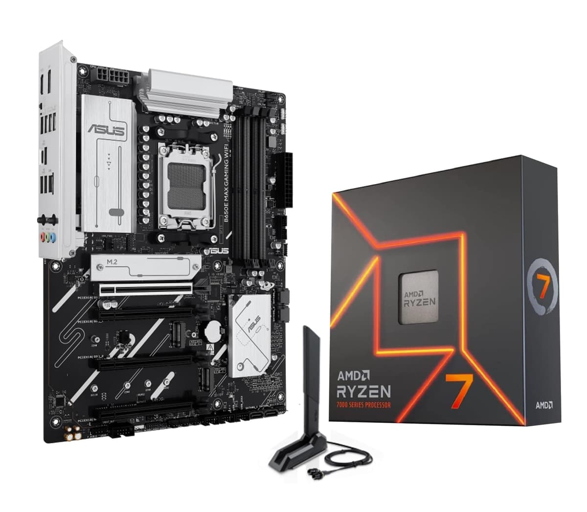MICRO CENTER Paquete Procesador AMD Ryzen 7 7700X con Placa Madre ASUS B650E MAX Gaming WiFi AM5 ATX (DDR5, PCIe 5.0,3x M.2, Wi-Fi 6E) 7700XB650EMAXGAMWF
