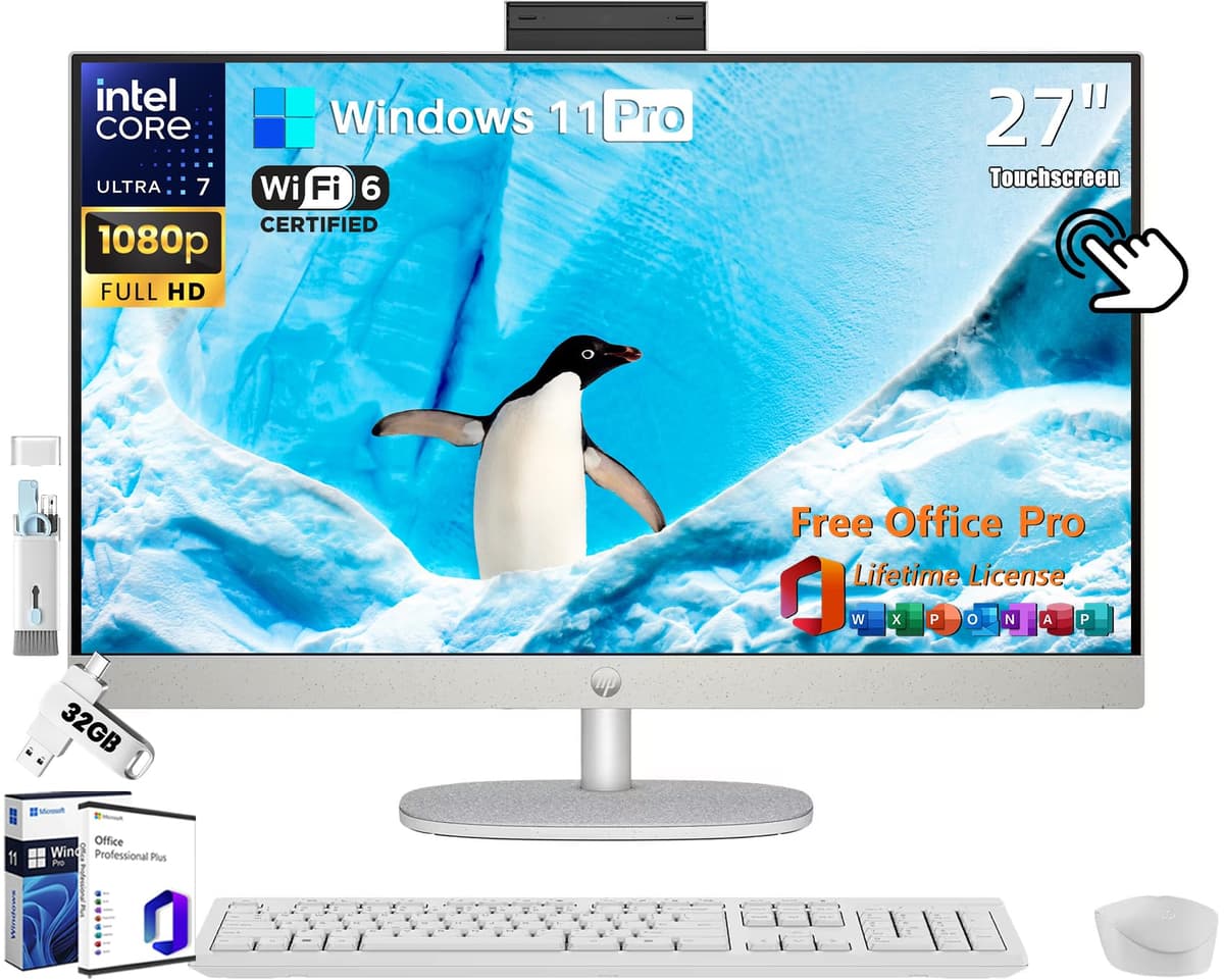 HP 27 All-in-One 27" FHD Touchscreen, Intel Ultra 7-155U, 64GB DDR5, 4TB SSD, Wi-Fi 6, Windows 11 Pro, Office Pro Lifetime HP 27 All-In-One Desktop