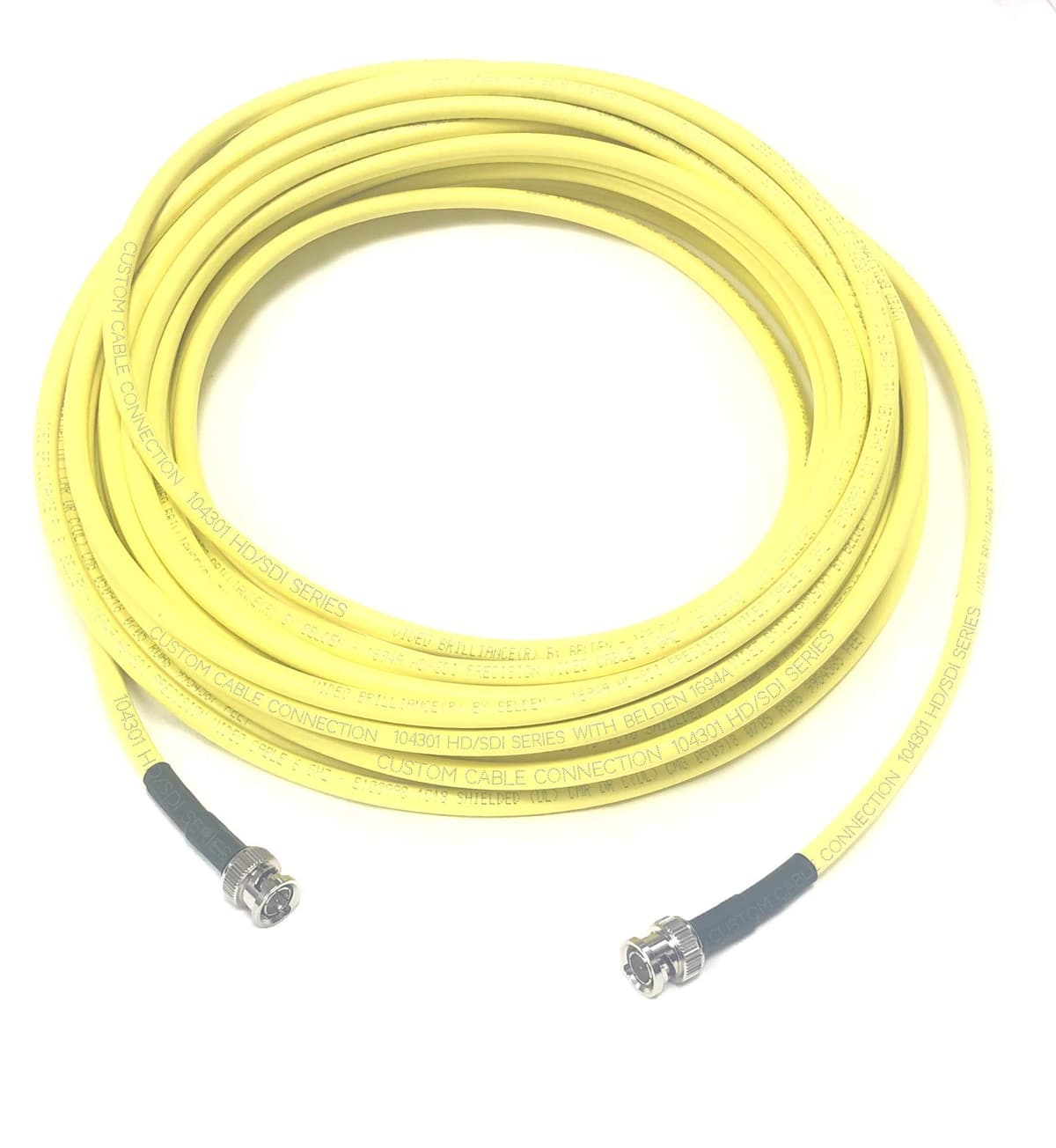 Conexión de Cable Personalizada Belden 1694A de 400 Pies 3G HD-SDI RG6 con Conectores BNC (75 Ohm) Chaqueta Amarilla *Debido a la longitud de este cable, solo soportará transmisión de señal 3G 104301-400YL