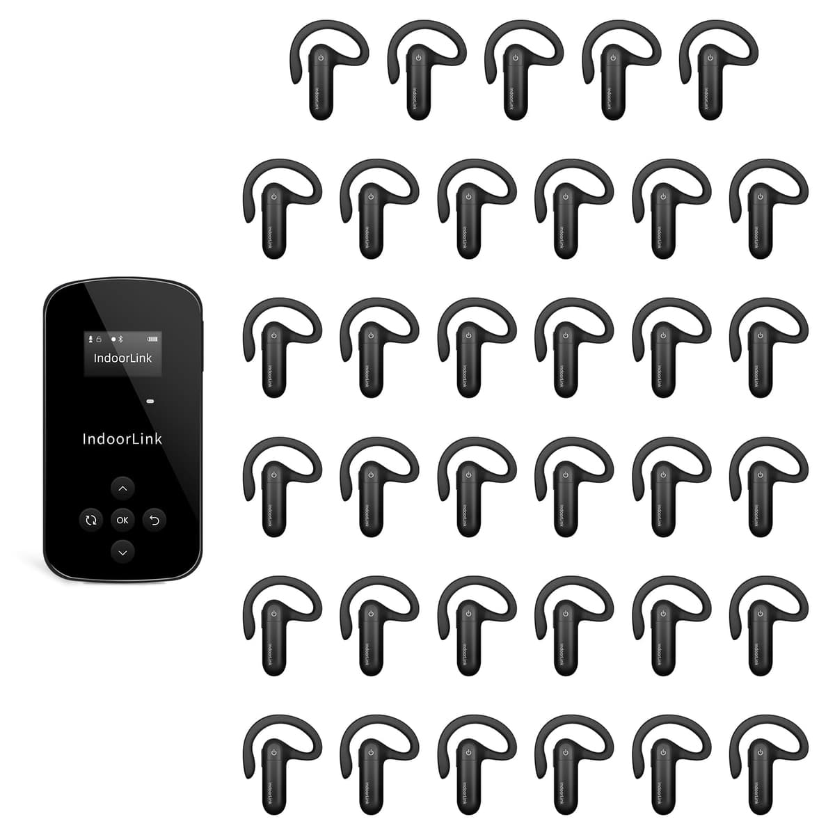 IndoorLink E211+E103 Sistema inalámbrico para guías turísticas - 1 transmisor de mano y 35 receptores, rango amplio