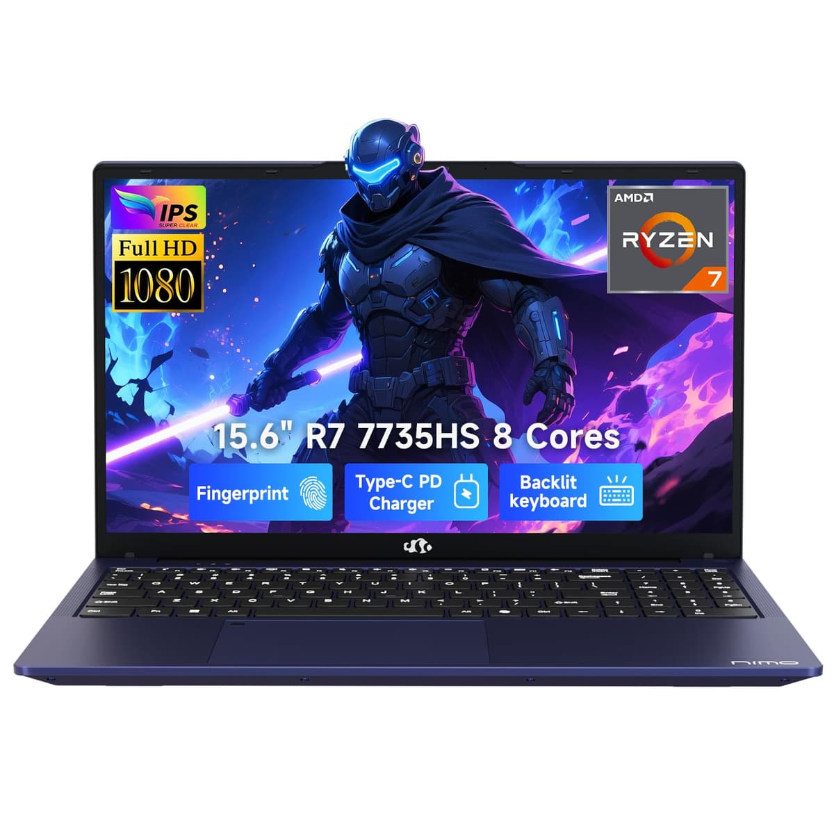 Portátil para Juegos NIMO 2025, 15.6" FHD con AMD R7 7735HS (Mejor que i7-12650H, hasta 4.75 GHz), 16GB DDR5, 512GB SSD, Radeon 680M, 100W USB-C, Teclado Retroiluminado con Lector de Huellas ARN21S