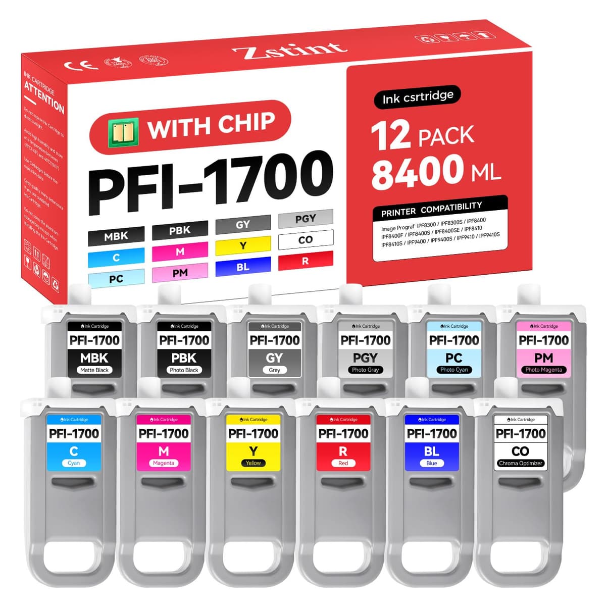Zstint Juego de tintas PFI-1700 12-Pack 700ml compatible Canon imagePROGRAF ZS-US-CN-PFI1700-1B11C