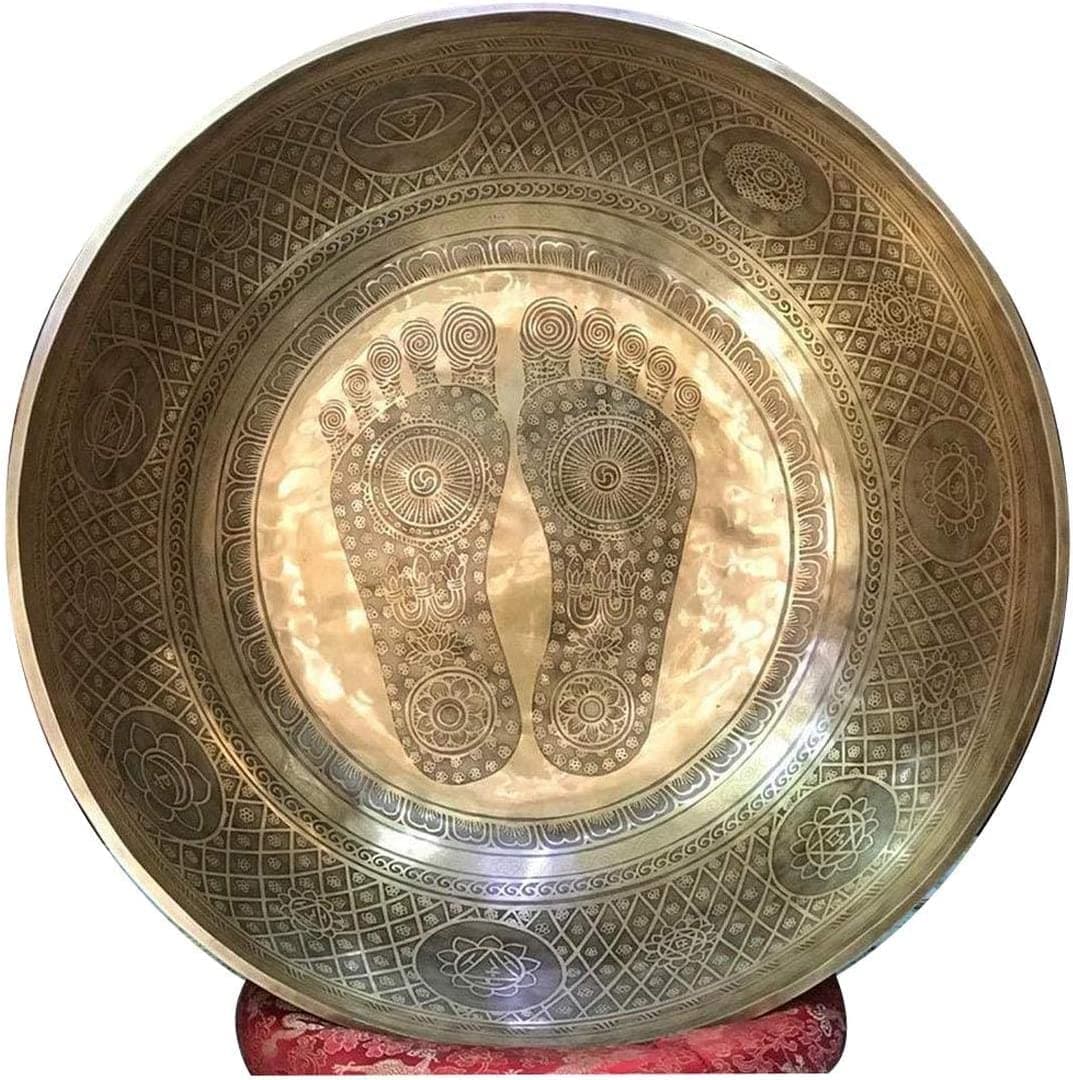 Sanskar Nepal Cuenco Tibetano Grande 21 in con Pie Grabado - Incluye Mazo, Baqueta y Cojín SBBT01