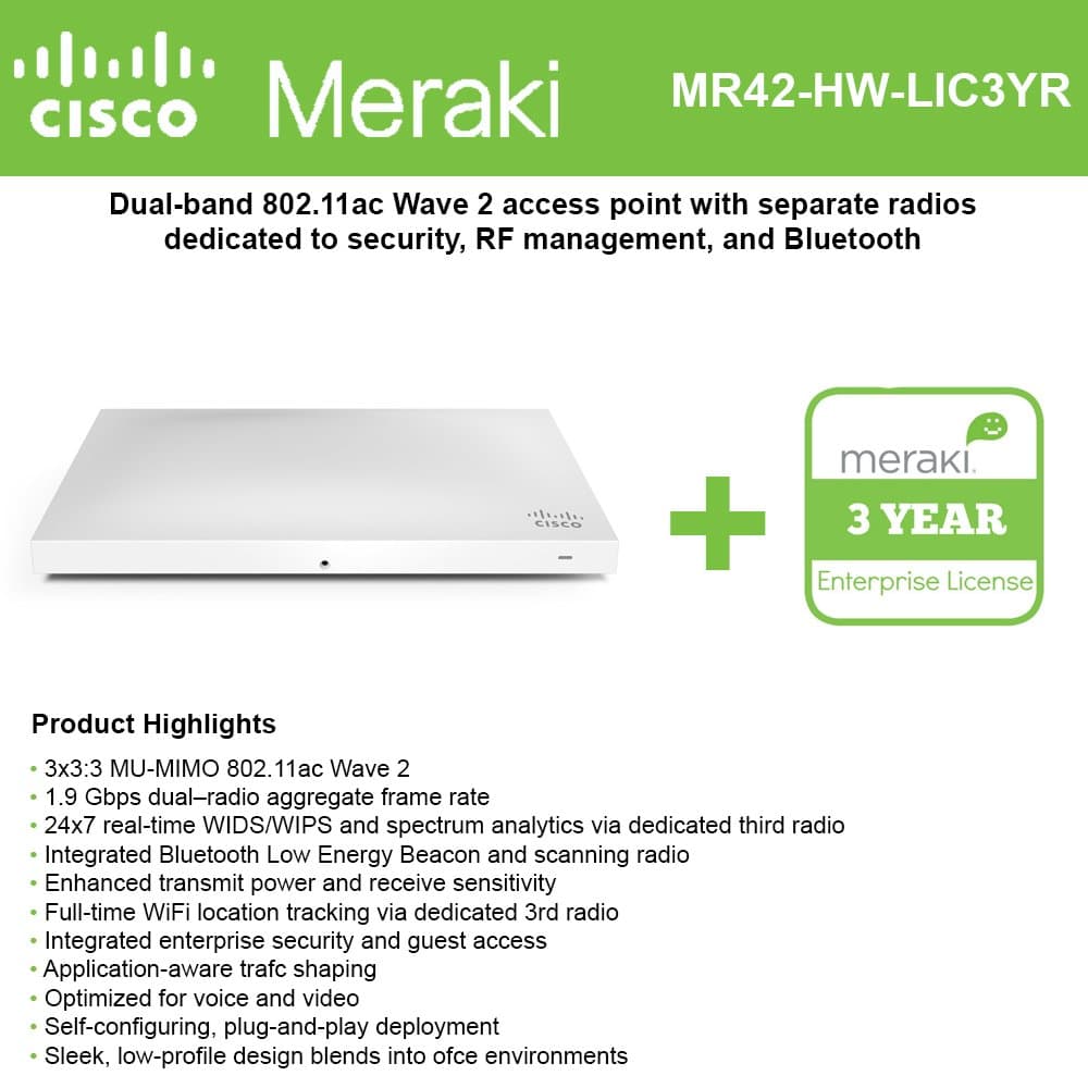 Cisco Meraki MR42 Punto de acceso inalámbrico cloud-managed con licencia Enterprise 3 años MR42-HW-LIC3YR