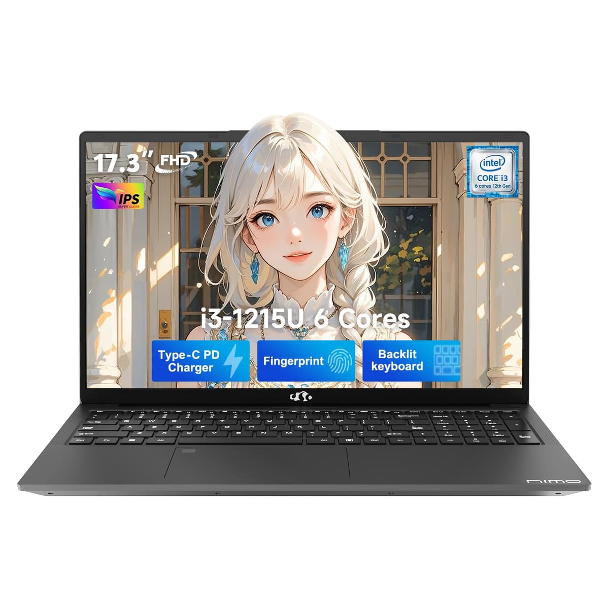 NIMO 17.3" IPS FHD portátil, Intel 6 núcleos i3-1215U 8GB RAM 256GB SSD (Beat R5 7520U, hasta 4.4GHz) computadora para estudiantes con teclado retroiluminado USB-C 65W y lector de huellas, para hogar y negocios NIMO N171