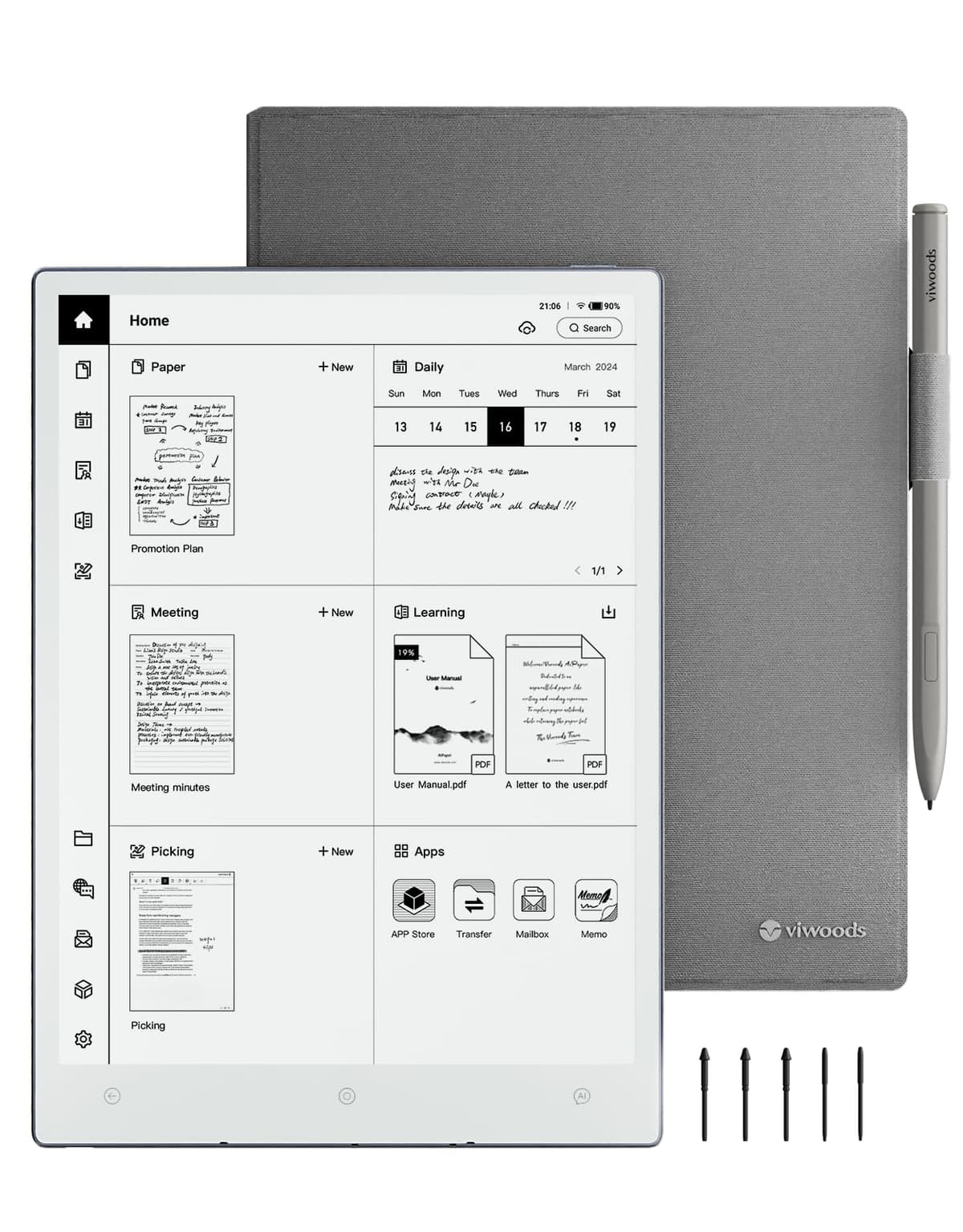 VIWOODS Paquete Mejorado con AiPaper, Stylus Pro y 5 Puntas, Tablet E Ink Carta 1300 AI de 10.65'' 300 PPI, Cuaderno Electrónico con Lápiz, Ultra delgado 4.5 mm, Ligero 370 g, Dispositivo de Toma de Notas de 128 GB