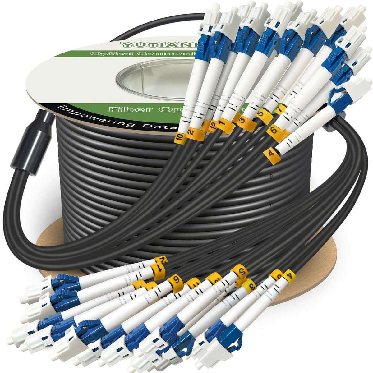 YUTIANHOME 200 Metros Cable de Fibra Óptica Industrial Blindado Exterior TPU 12 Núcleos LC a LC, 12 Fibras OS2 Monomodo 9/125µm, OD 6mm, Enterramiento Directo LC-LC YT-LC-SM-12C-200m