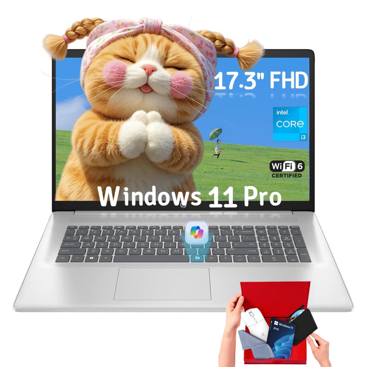 HP Laptop de 17.3", Intel i3 de 8 núcleos, pantalla FHD antirreflejo, 16GB RAM, SSD de 1TB, Windows 11 Pro, Bluetooth 5.3, teclado numérico, Copilot AI, laptop para negocios y estudiantes