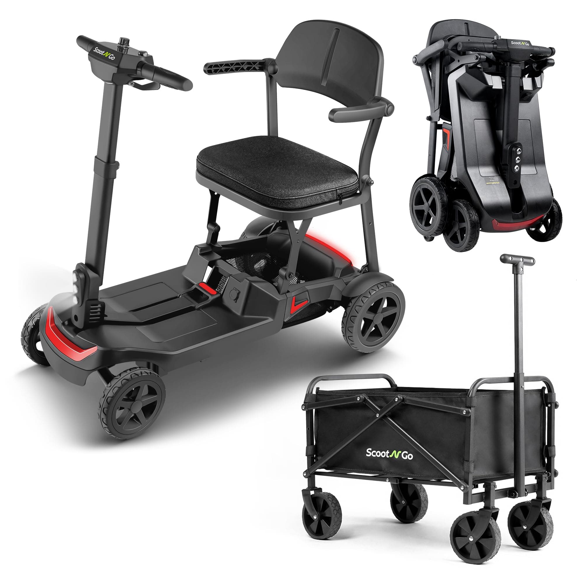 SCOOTNGO Mobility Scooter para Seniors - 4 Wheel Foldable Lightweight, Dual Batteries, con Folding Trailer, No Assembly Needed (Black Red) LITE