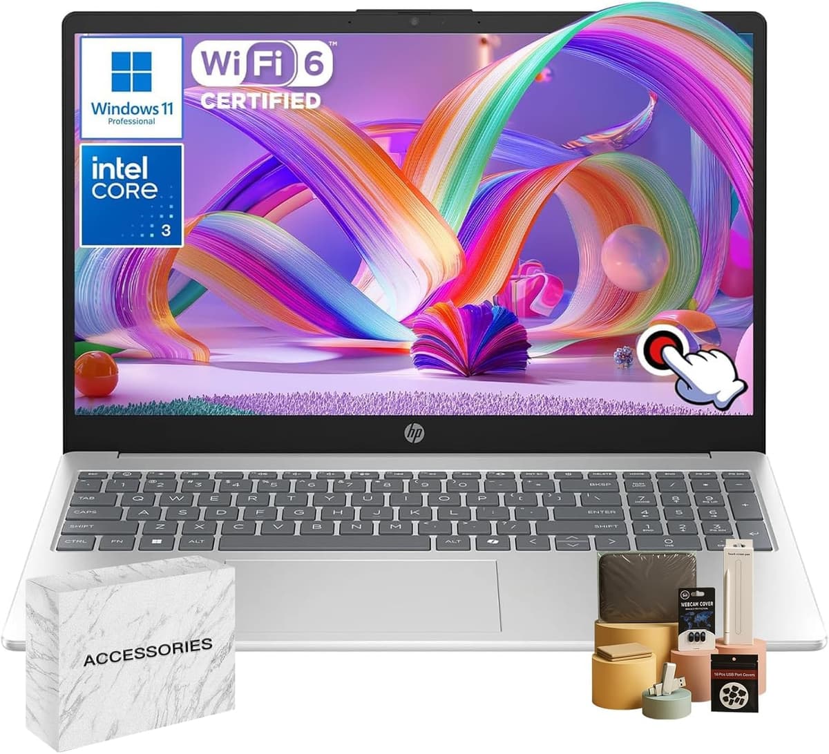 HP 2026 Portátil con Pantalla Táctil para Empresarios y Estudiantes • Intel i3-1315U (hasta 4.5 GHz) • 16 GB RAM • 512 GB SSD • Pantalla antirreflejo de 15.6" 250 nits • Copilot-AI Chat • Windows 11 Pro • con Accesorios 15-fd0123dx
