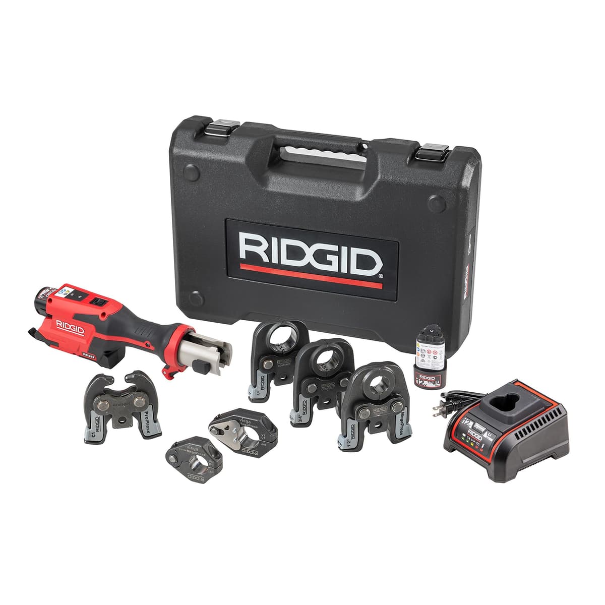 RIDGID 78228 RP 251 Compact Press Tool Battery Kit con mandíbulas MegaPress y anillos, herramienta de prensado en línea