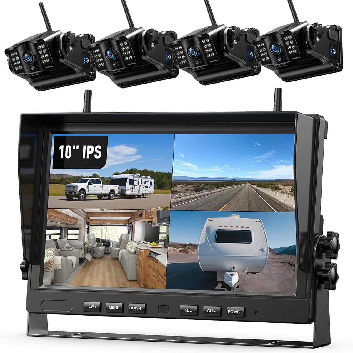 eRapta 4 Cámara de Retroceso Inalámbrica Magnética: Monitor DVR de 10.1" IPS Tamaño Completo, Sistema de Cámara para RV Sin Instalación con Visión Nocturna IR, Batería Integrada de 9600mAh para RV/Autocaravana/Camión/Remolque/Tractor ACT104