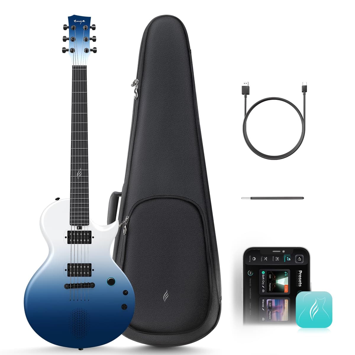 Enya Nova Go Sonic BL - Guitarra eléctrica inteligente azul con parlante 10W y cuerpo de fibra de carbono
