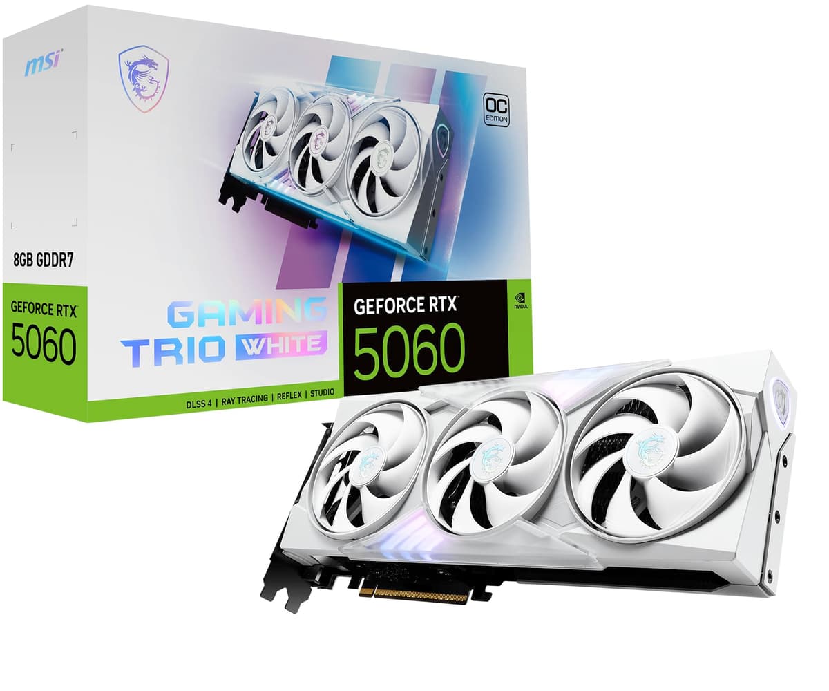 MSI Gaming RTX 5060 8G Gaming Trio OC White Tarjeta Gráfica (8GB GDDR7, TBA bits, Rendimiento Extremo: TBA MHz, DisplayPort x3 2.1a, HDMI 2.1b, Arquitectura NVIDIA Blackwell)