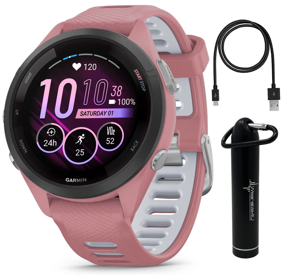 Wearable4U Garmin Forerunner 265S Music GPS Running 42 mm Smartwatch, Rosa con pantalla táctil AMOLED de 1.1" Paquete E-Bank wa001