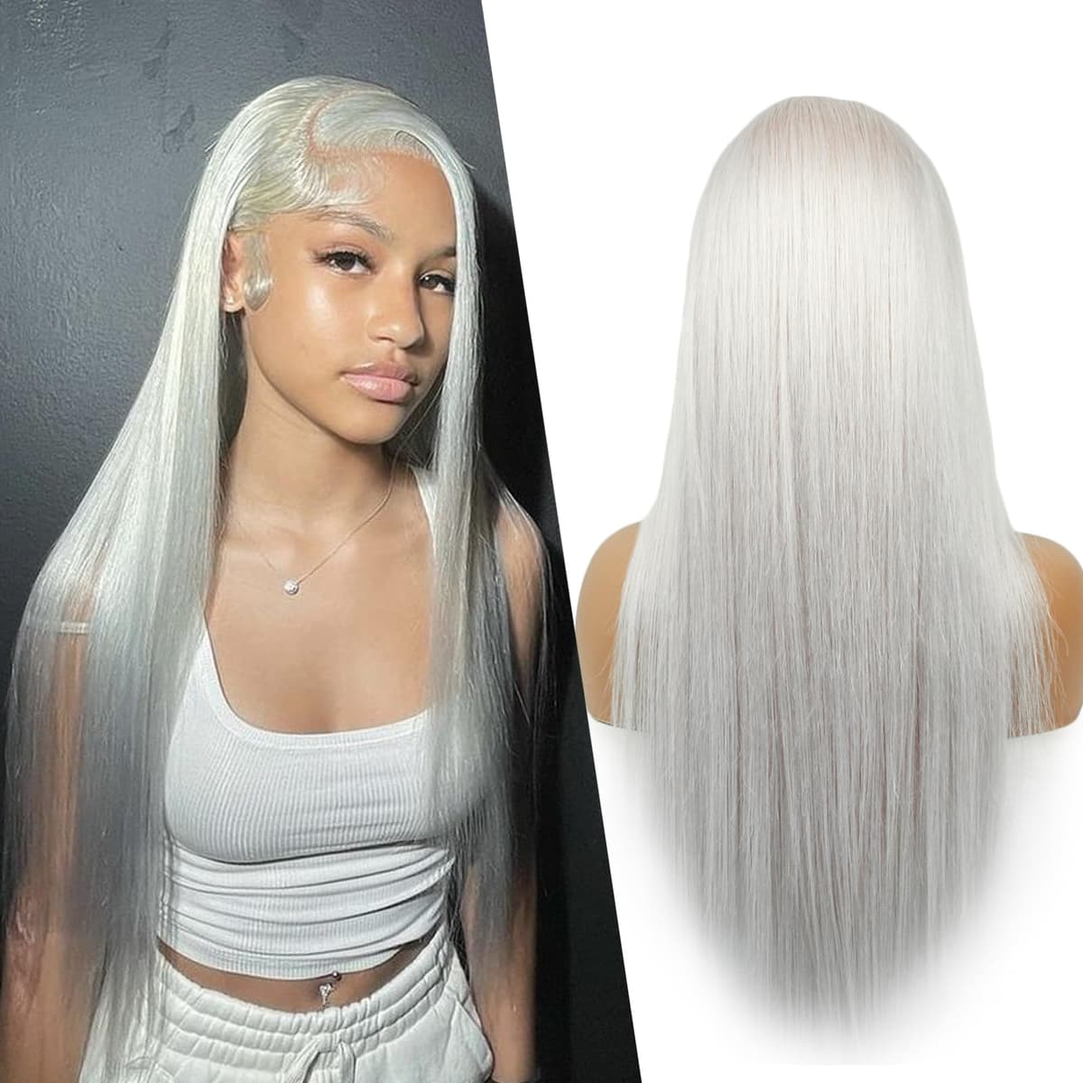 SUPSYOUSF Peluca frontal lace 13x4 HD 40" recta color plata, cabello humano brasileño