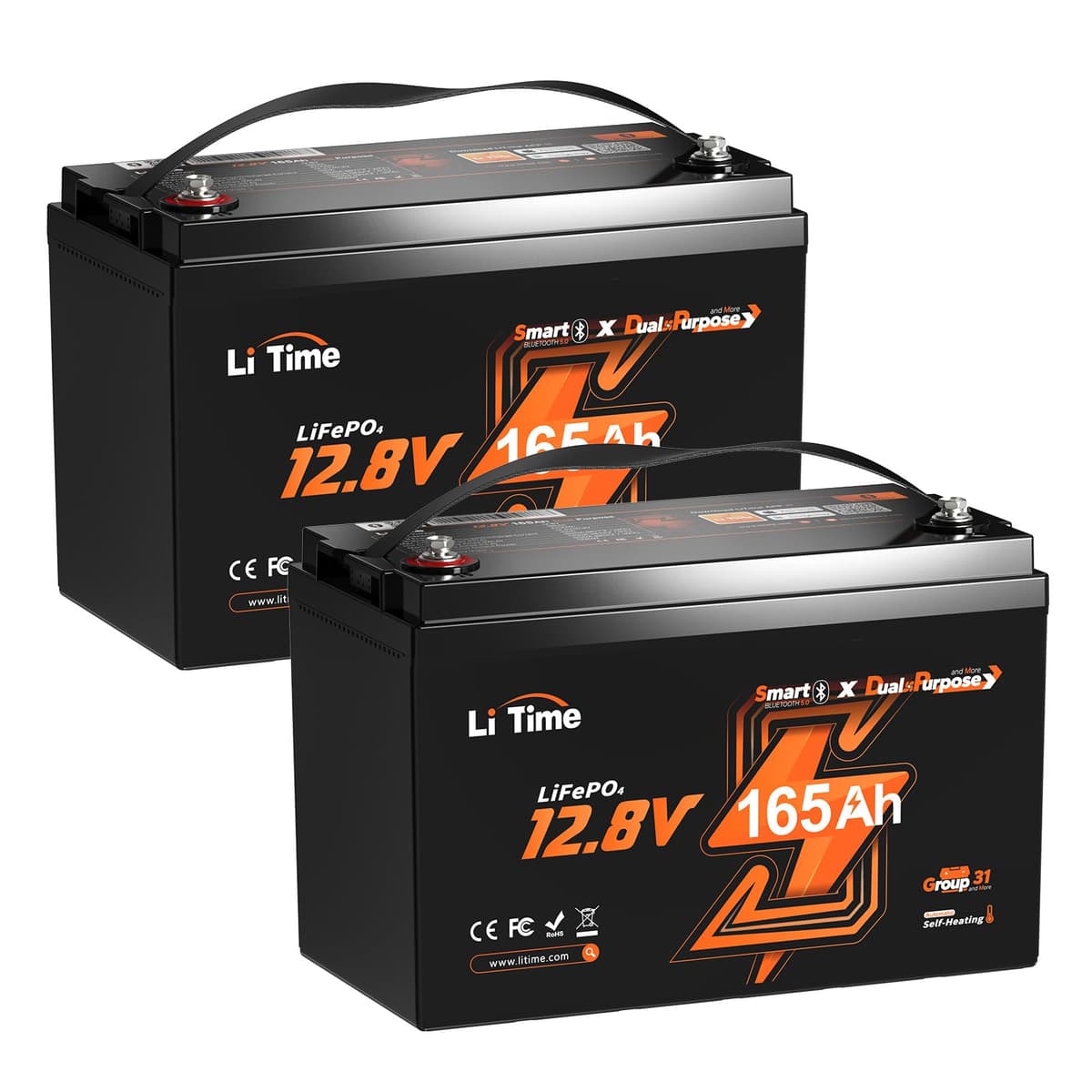 Litime 12V 165Ah LiFePO4 Dual Purpose Marine Starting Battery 1200CCA Group 31 - Pack de 2 L12V165-150-DP-BT-CCA1K2-4-A100-Pack2