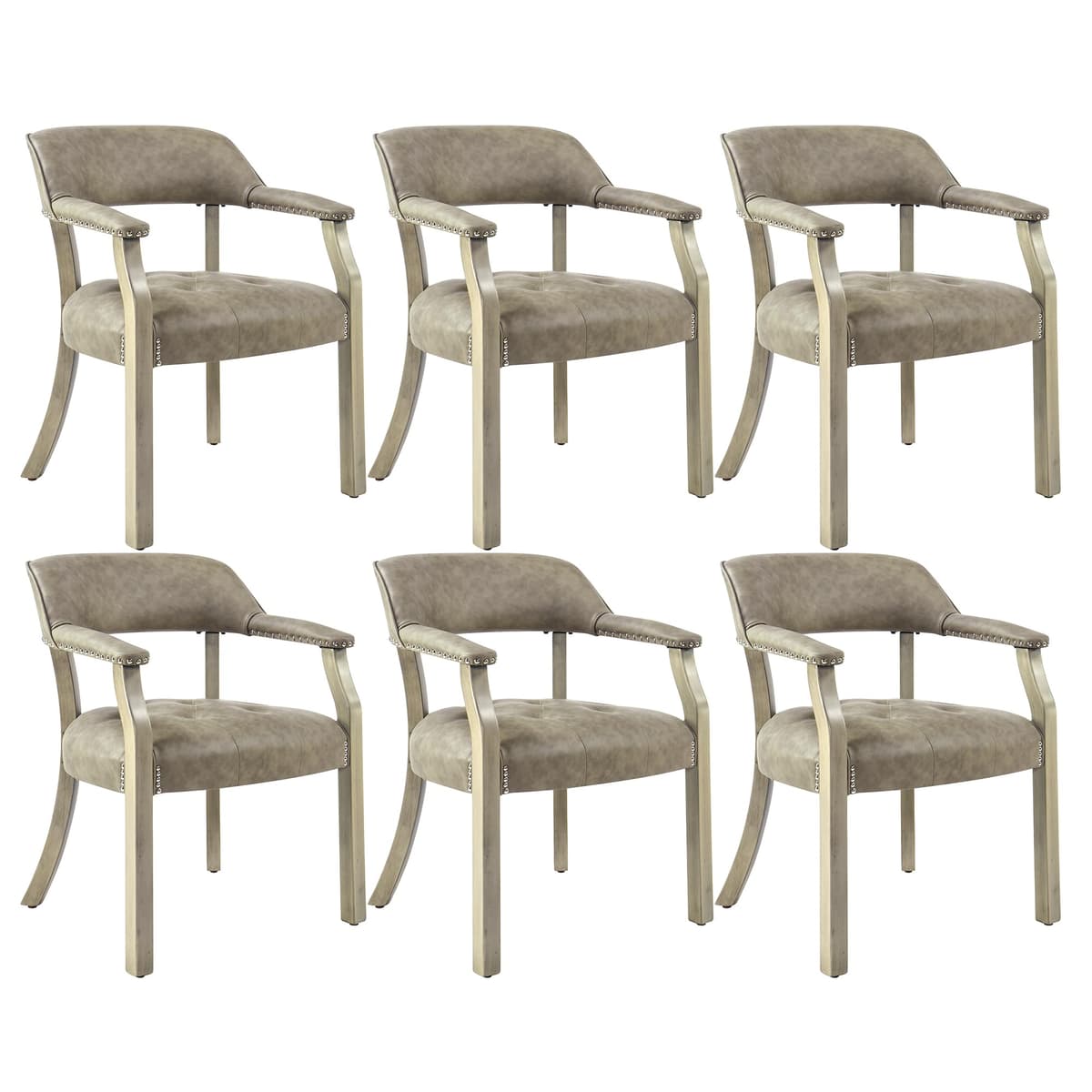 LEEMTORIG Juego de 6 Sillas de Comedor en Cuero Sintético con Brazos, Respaldo de Apoyo, Patas de Madera, Gris Claro CY-NX173-UA LEECY-NX173-UA06